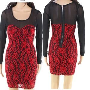 NWOT Material Girl Mesh Red Rose Lace BodyCon Mini Dress Size S